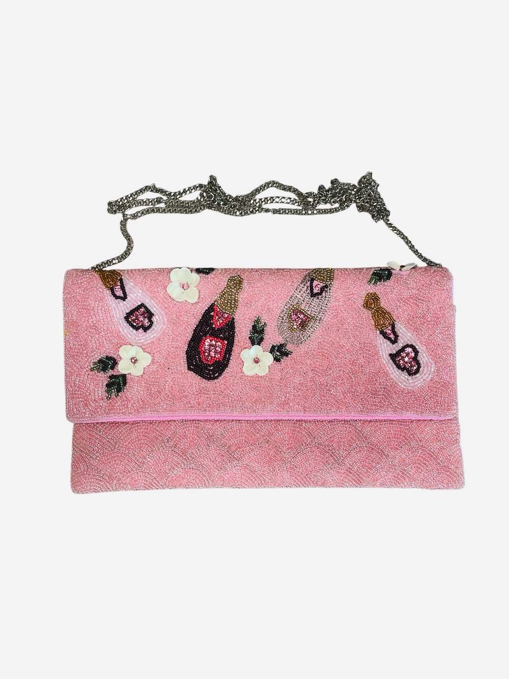 America & Beyond Pink Beaded Champagne Bottle Clutch Bag 10"
